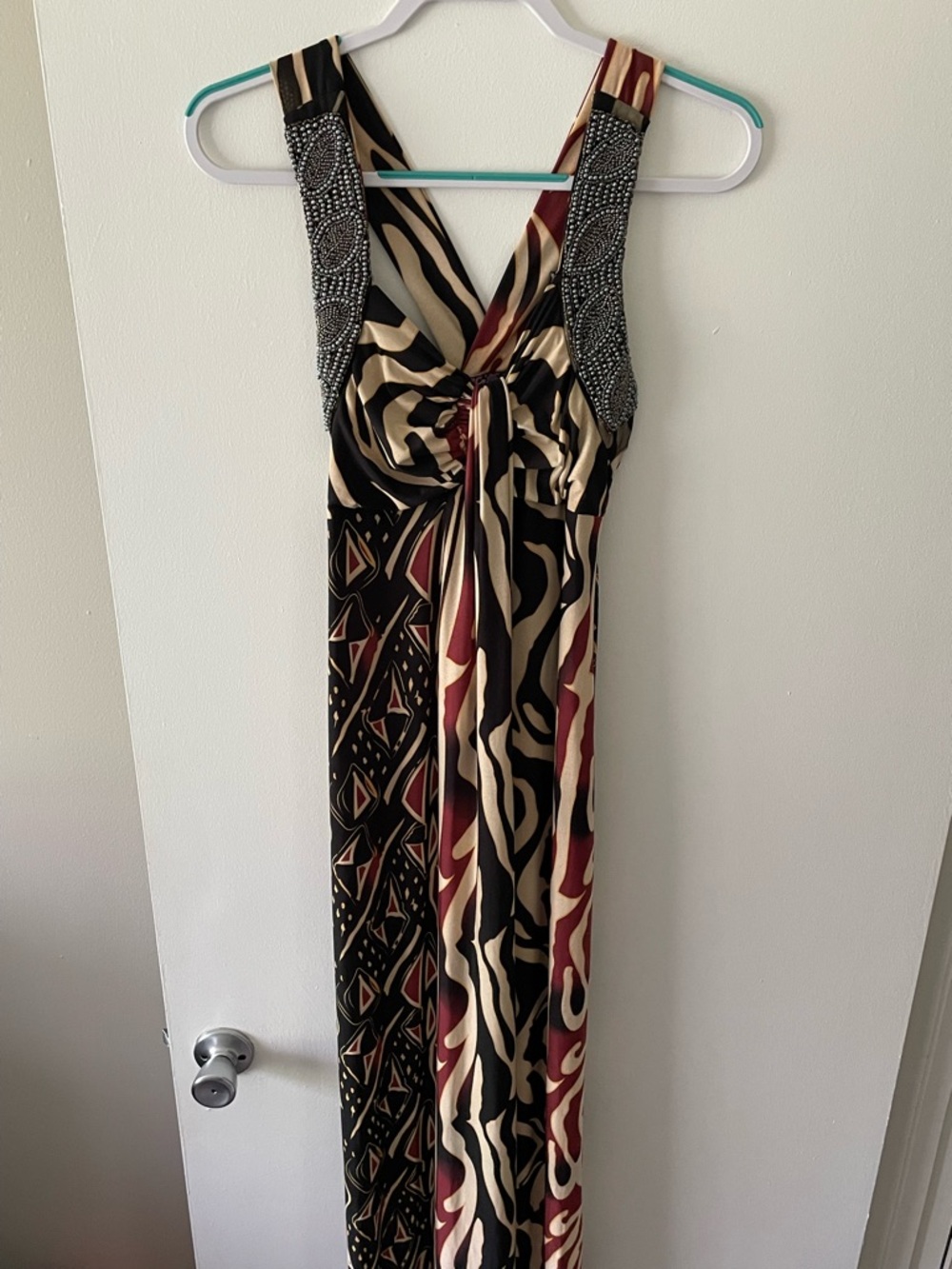 Beaded-Strap Printed Maxi Dress in Black, Cream & Burgundy